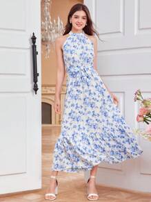 SHEIN Leap Crew DRMZ Váy yếm thắt lưng họa tiết hoa cho bé gái tuổi teen - Xanh và trắng - Xem 1