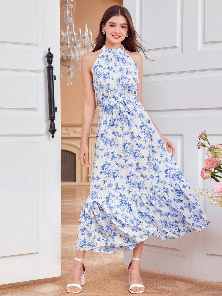 SHEIN Leap Crew DRMZ Váy yếm thắt lưng họa tiết hoa cho bé gái tuổi teen - Xanh và trắng - Xem 1