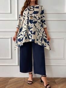 EMERY ROSE Plus Geo Print Asymmetrical Hem Top & Wide Leg Pants For Summer,Spring/Vacation - Blue - View 3