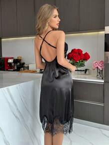 Sexy Lace Patchwork Elegant Halter Backless Nightgown Dress