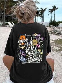 Teen Girl Summer Loose Fit Casual T-Shirt, Round Neckline, Drop Shoulder Sleeve, Printed With Letter, Skull And Hand