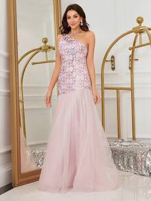 Women One Shoulder Sleeveless Sequin Flower Pattern Mesh Mermaid Hem Evening Party Dress