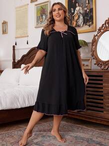 SHEIN 大码黑色荷叶边睡裙睡衣裙/中长款睡袍 - 黑色 - 查看 5