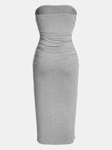 SHEIN Girlism Váy len màu trơn nhún bèo cho bé gái tuổi teen có xẻ tà bên hông - Xám - Xem 2