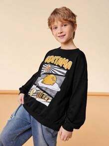 Gudetama X SHEIN Bluza Tween Boy o luźnym kroju i nadruku z okrągłym dekoltem i długim rękawem, czarna