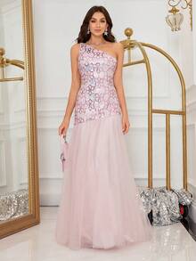 Women One Shoulder Sleeveless Sequin Flower Pattern Mesh Mermaid Hem Evening Party Dress