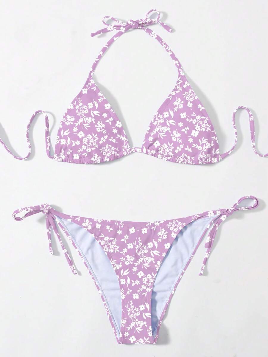SHEIN Swim 女士夏季海灘零零縫花卉露背性感比基尼套裝,隨機印花 - 彩色 - 查看 1