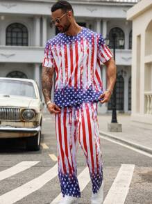 Manfinity LEGND Conjunto de camiseta casual de talla grande para hombre con cuello redondo con estampado de bandera estadounidense de manga corta y pantalones, ropa del 4 de julio