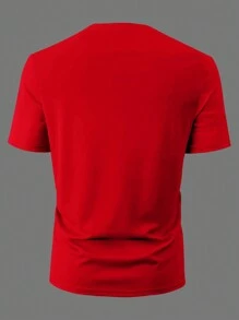 Manfinity Homme 男士夏季休閒短袖T恤，圓領，印有字母印花 - 紅色 - 查看 2