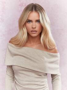 MISSGUIDED 針織露肩翻蓋細節側拉長袖巴多特上衣 - 駝色 - 查看 3