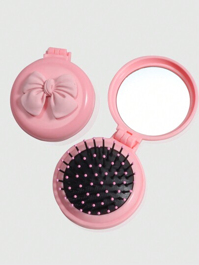 Kawaii 1 pezzo Specchio pieghevole con pettine decorato con fiocco rosa carino, per il ritorno a scuola