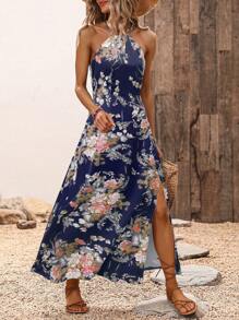 SHEIN VCAY Vacation-Style Floral Print High Slit Halter Neck Dress - Royal Blue - View 4