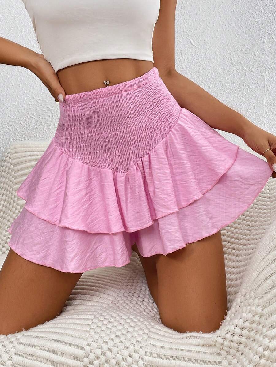 Chiquease Women's Solid Color Simple Daily Wear Ruffle Trim Shorts - Pink - View 1