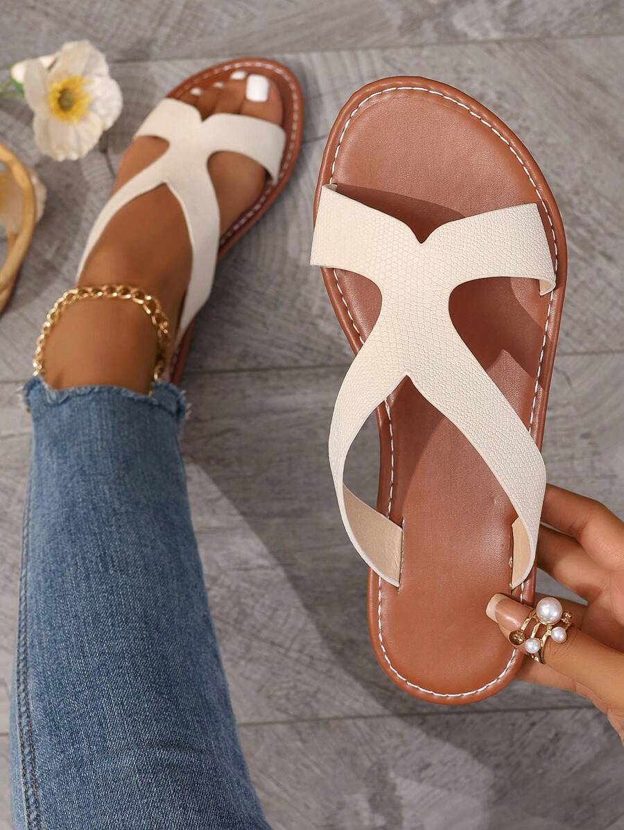 Korean Style Casual Flat Slippers For Women, Summer Open Toe Low-Heel Sandals, New Arrivals Spring Summer Fashionable Woven Roman Style Women's Sandals For Outdoor Beach And Holiday, Flat White Shoes Perfectly Matched With Skirts; Flat Women's Shoes In Beige, Black, Orange, White, Yellow, Purple, Gray, Gold, Silver, Blue, Green, Rose Pink, Brown, French Leopard Print Suitable For Formal Occasions, Vacation, Bohemian Style, Sandals In Navy Blue Colors, Walking Shoes Adorned With Rhinestones - Beige - View 1