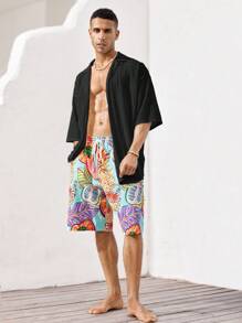 SHEIN X ELOISA & ORSON Manfinity VCAY Camisa hawaiana para hombre, transpirable, básica, de moda, tejida boho y de talla grande para el tiempo libre y las vacaciones en la playa, ropa de playa de verano