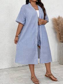 SHEIN VCAY Bộ áo sơ mi sọc dài và quần short kỳ nghỉ Plus Size - Xanh và trắng - Xem 4