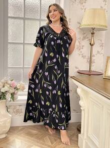 CottageSlumber 大码清新梦幻郁金香泡泡面料长款睡衣裙，Moo Moo - 黑色 - 查看 6