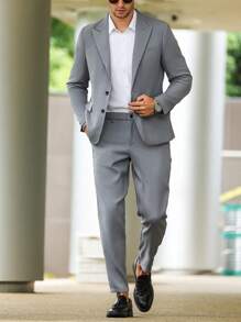 Manfinity Mode Men's Plus Size Spring/Fall Classy Lapel Long Sleeve Suit Jacket And Pants Business Travel Suit Set - Light Grey - View 4