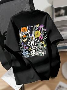 Teen Girl Summer Loose Fit Casual T-Shirt, Round Neckline, Drop Shoulder Sleeve, Printed With Letter, Skull And Hand