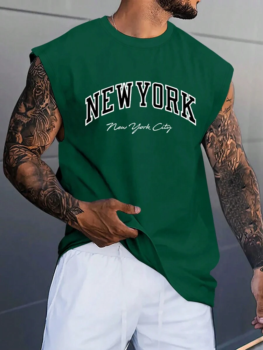 Manfinity Homme 男士简约印花无袖宽肩带背心 - 墨綠色 - 查看 1