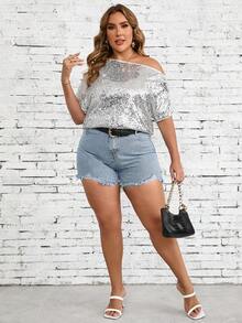 SHEIN Clasi Blusa para eventos de verano con brillo en talla plus, cuello asimétrico - Plateado - Ver 4