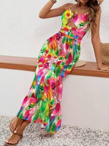 Breezaya Women Summer Vacation Style Brush Printed Waist Hollow Out Long Fashionable Cami Dress