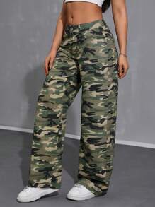 SHEIN ICON Women's Low-Rise Camouflage Water Washed Straight Leg Jeans - Multicolor - View 5