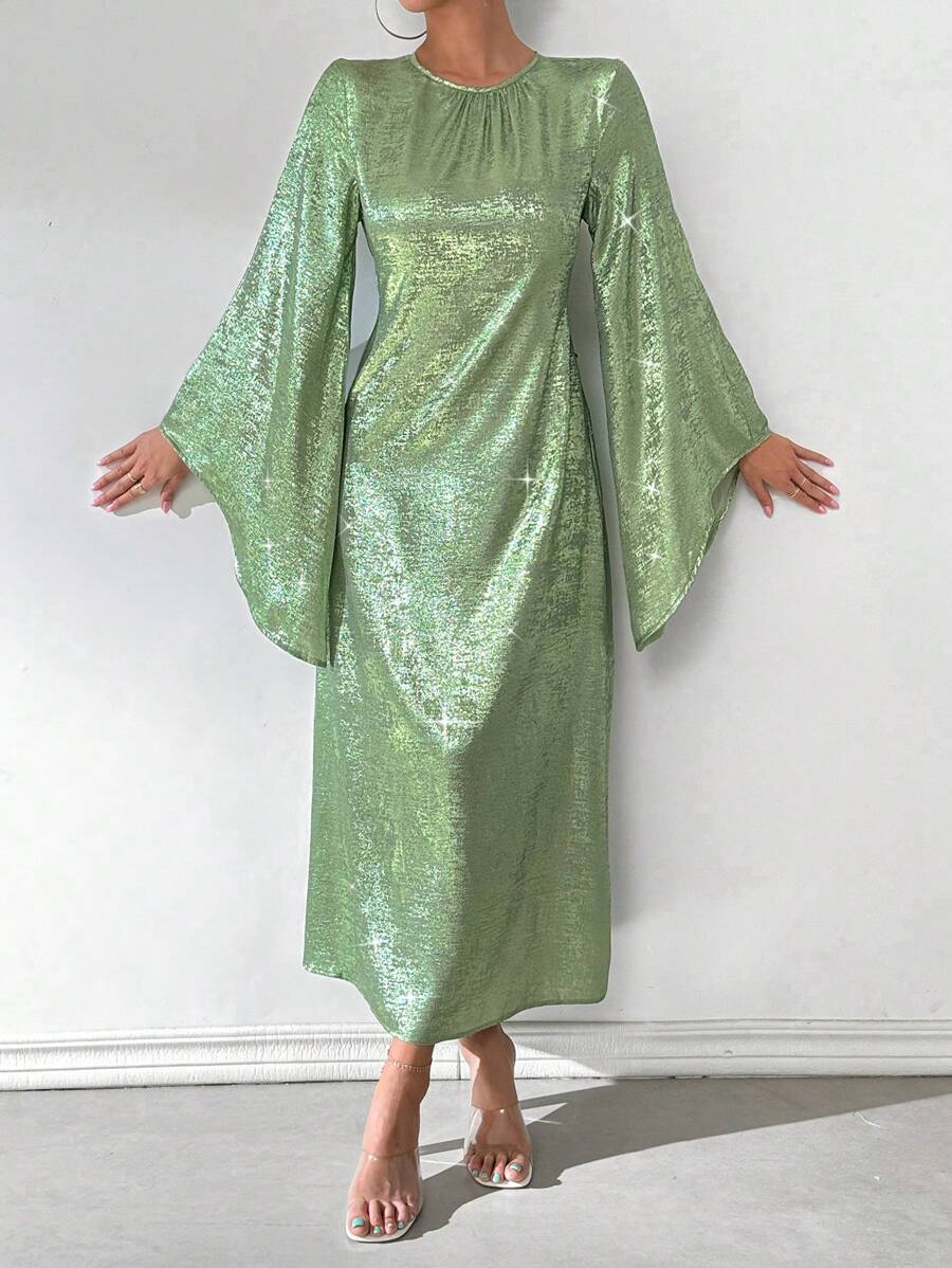 Chiquease Women's Light Green Glitter Satin Robe Long Dress - Green - View 1