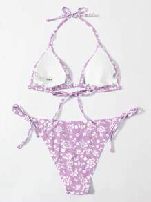 SHEIN Swim 女士夏季海灘零零縫花卉露背性感比基尼套裝，隨機印花 - 彩色 - 查看 2