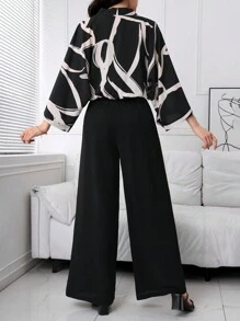 Mulvari Women's Random Print Top, Solid Color Camisole, And Jumpsuit 3-Piece Set 2 Pieces Set - Black - View 6