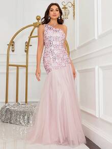 Women One Shoulder Sleeveless Sequin Flower Pattern Mesh Mermaid Hem Evening Party Dress