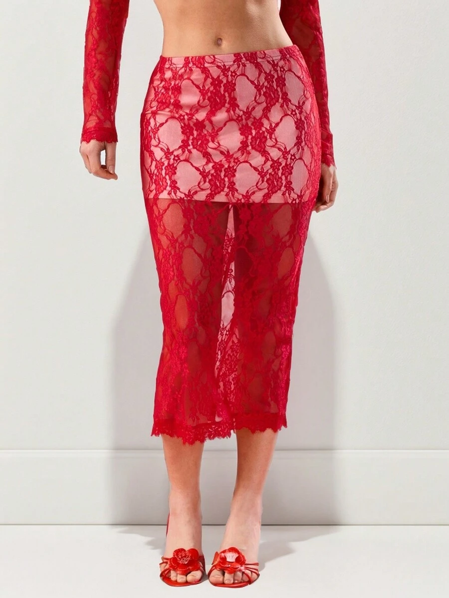 COSMINA 女式優雅花邊膝長筆裙 - 紅色 - 查看 1