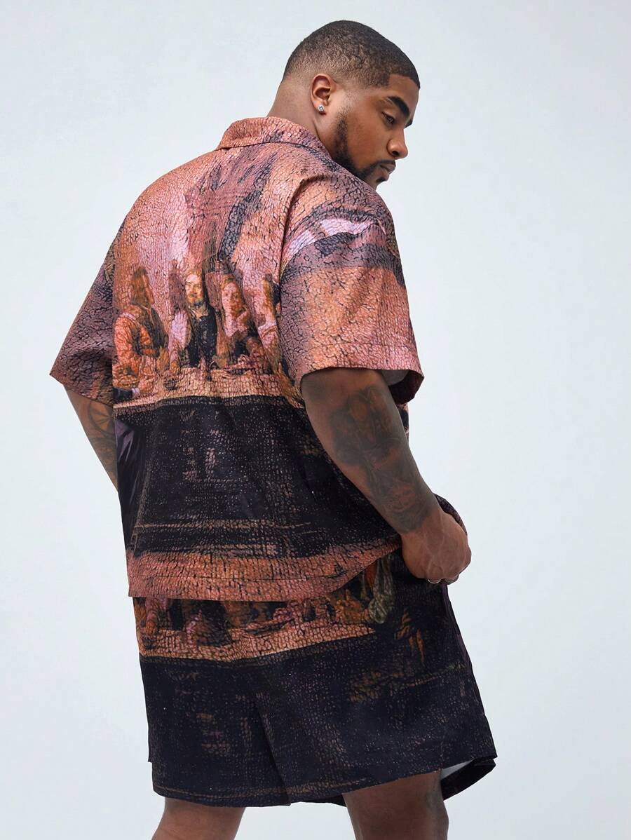 Manfinity VCAY Manfinity NXTstreet Men's Plus Size 2pcs Painting Figure Loose Drop-Shoulder Short Sleeve Top And Mid-Waist Straight Shorts Suit, Suitable For Summer