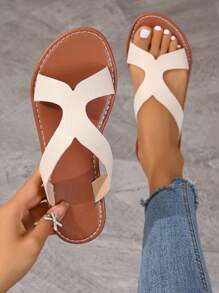 Korean Style Casual Flat Slippers For Women, Summer Open Toe Low-Heel Sandals, New Arrivals Spring Summer Fashionable Woven Roman Style Women's Sandals For Outdoor Beach And Holiday, Flat White Shoes Perfectly Matched With Skirts; Flat Women's Shoes In Beige, Black, Orange, White, Yellow, Purple, Gray, Gold, Silver, Blue, Green, Rose Pink, Brown, French Leopard Print Suitable For Formal Occasions, Vacation, Bohemian Style, Sandals In Navy Blue Colors, Walking Shoes Adorned With Rhinestones - Beige - View 4