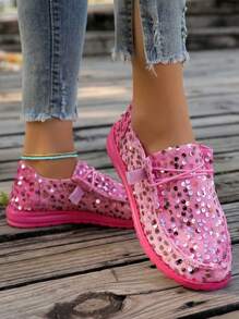 New Arrival Flat Sequin Canvas Shoes, Comfortable Round Toe Fashion Casual Shoes - Hot Pink - View 3