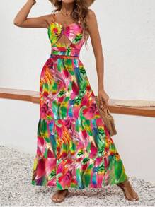 Breezaya Women Summer Vacation Style Brush Printed Waist Hollow Out Long Fashionable Cami Dress