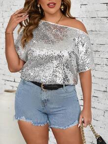 SHEIN Clasi Blusa para eventos de verano con brillo en talla plus, cuello asimétrico - Plateado - Ver 6