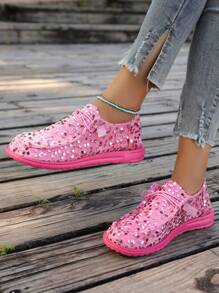 New Arrival Flat Sequin Canvas Shoes, Comfortable Round Toe Fashion Casual Shoes - Hot Pink - View 5