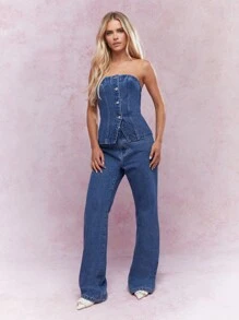 MISSGUIDED 街头纽扣式抹胸牛仔上衣 - 中等水洗藍 - 查看 4