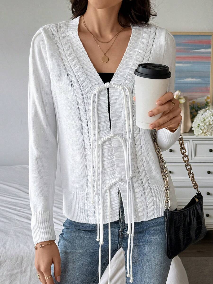 SHEIN LUNE 編織螺旋紮結前開針織外套 - 白色 - 查看 1
