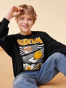 Gudetama X SHEIN Bluza Tween Boy o luźnym kroju i nadruku z okrągłym dekoltem i długim rękawem, czarna