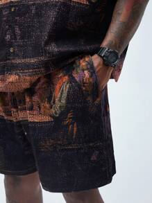 Manfinity VCAY Manfinity NXTstreet Men's Plus Size 2pcs Painting Figure Loose Drop-Shoulder Short Sleeve Top And Mid-Waist Straight Shorts Suit, Suitable For Summer