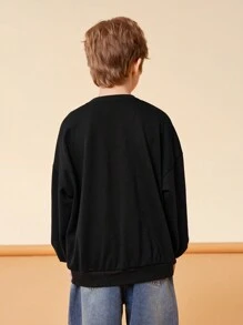 Gudetama X SHEIN Bluza Tween Boy o luźnym kroju i nadruku z okrągłym dekoltem i długim rękawem, czarna