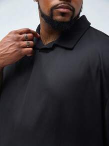 Manfinity VCAY Men's Plus Size Casual Knitted Loose Drop Shoulder Short Sleeve Polo Shirt, Suitable For Summer And Daily Wear - Black - View 3