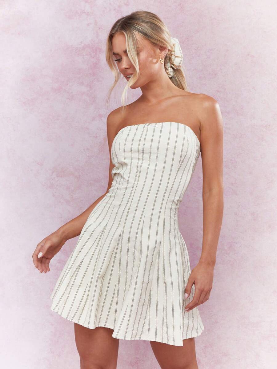 MISSGUIDED Vestido de skater mini con corpiño a rayas y banda bandeau con scrunchie