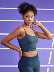 Easithlete Women's Minimalist Sports Bra With Spaghetti Strap And Back Cut-Out, Letter Printed