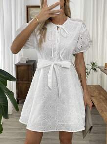Chiquease Women's Summer Holiday Embroidery Hollow Out Fabric White Bubble Short Sleeve Loose Waist Belted Dress With Tie Neckline