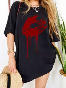 SHEIN Unity Camiseta feminina de verão com estampa de lábios, modelagem solta e casual, gola redonda e ombros caídos. - Preto - Ver 1