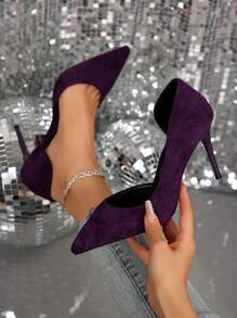 麂皮高跟鞋女性性感尖頭V切深紫色綆豎跟鞋 - 紫色 - 查看 2