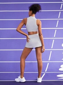 SHEIN Sports 夏季實心運動背心和短裙運動套裝 - 灰色 - 查看 6
